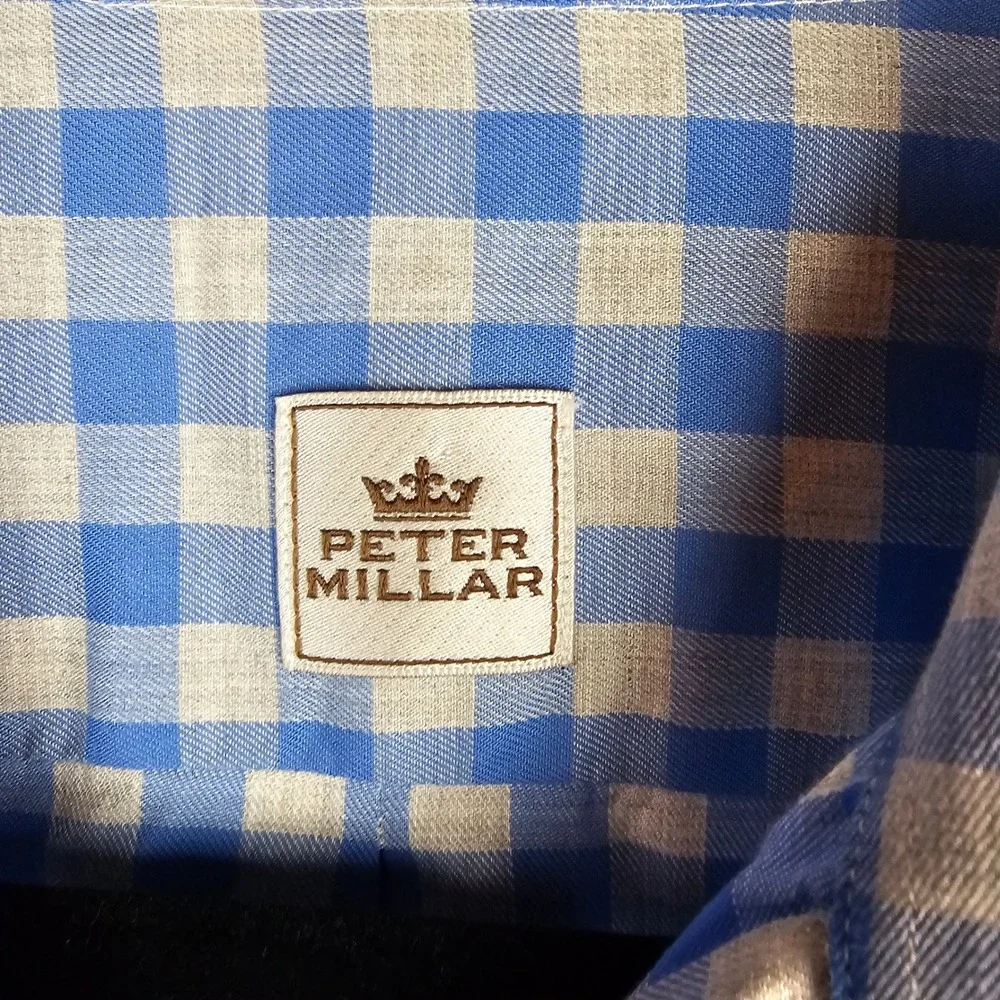 Peter Millar‎ Men's Medium Blue Tan Gingham Cotton Long Sleeve Button Down Shirt